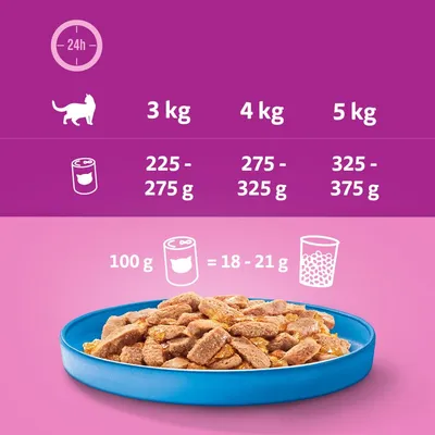 Conseils d’alimentation pour chat : 3 kg 225–275 g, 4 kg 275–325 g, 5 kg 325–375 g de pâtée par jour. 100 g de pâtée équivaut à 18–21 g de croquettes.