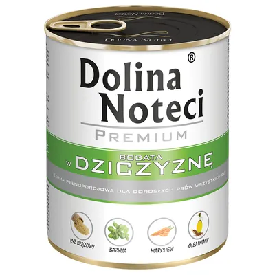 Dolina Noteci Premium, vollwertiges Futter für erwachsene Hunde aller Rassen, reich an Wildfleisch mit braunem Reis, Basilikum, Karotten und Leinöl.