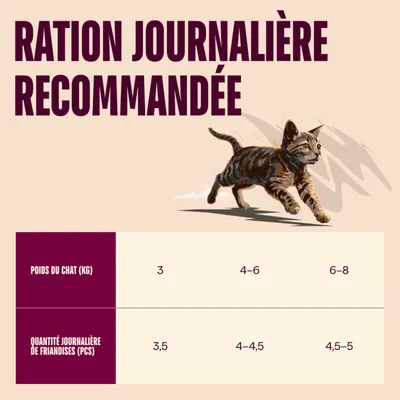 Ration journalière recommandée : pour les chats de 3 kg, 3,5 pièces ; 4–6 kg, 4–4,5 pièces ; 6–8 kg, 4,5–5 pièces de friandises par jour. Ration journalière recommandée : pour les chats de 3 kg, 3,5 pièces ; 4–6 kg, 4–4,5 pièces ; 6–8 kg, 4,5–5 pièces de friandises par jour.