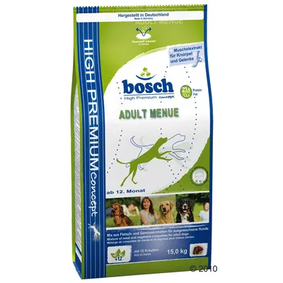 Sac de croquettes bosch High Premium concept ADULT MENUE, 15 kg, pour chiens adultes, protéines 23,5 %, matières grasses 13,5 %, avec extrait de moule et 12 herbes. Fabriqué en Allemagne.