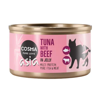 Boîte Cosma Pure Love Asia, texte visible : Tuna with Beef in Jelly, Multi Protein Pure Fish & Meat, illustration de chat, thon et bœuf. Étiquette rose.