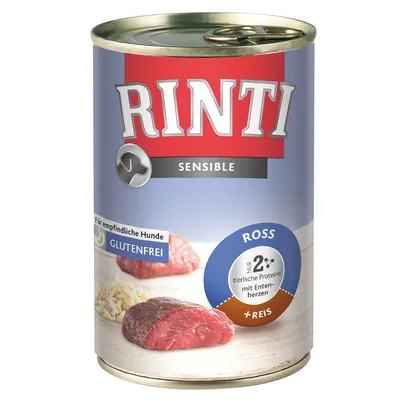 RINTI Sensible Ross + Reis, glutenfrei, endast 2 animaliska proteiner med ankhjärtan. Text på tyska: Für empfindliche Hunde, mit Entenherzen. Bild på kött och ris.