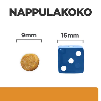 Nappulakoko: nappula 9 mm, vertailun vuoksi sininen noppa 16 mm. Teksti 'NAPPULAKOKO' ylhäällä, mitat esitetty selkeästi kuvassa.