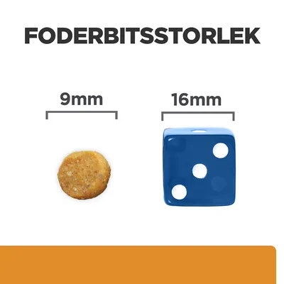 Foderbitsstorlek: foderbit 9 mm bredvid blå tärning 16 mm. Visuell jämförelse av storlekar.
