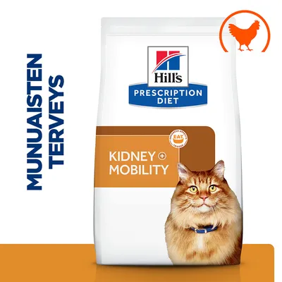 Hill's Prescription Diet Kidney + Mobility kissanruoka, pakkauksessa oranssi kanaikoni ja teksti 'MUNAISTEN TERVEYS' vasemmalla. Kuvassa myös pitkäkarvainen kissa.
