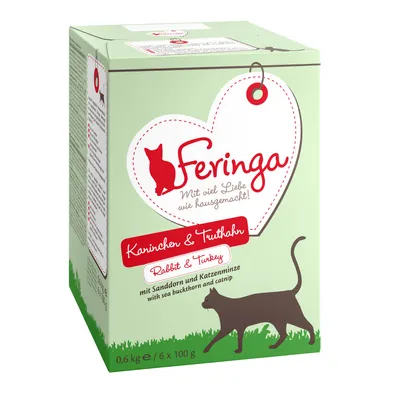 Feringa Rabbit & Turkey kissanruokapakkaus, 0,6 kg (6 x 100 g), sisältää tyrniä ja kissanminttua. Näkyvissä tuotemerkki ja maku sekä paino- ja annostiedot.