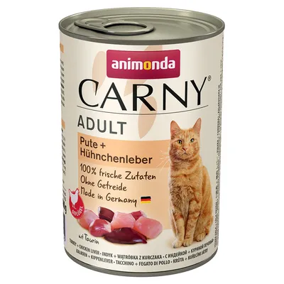 Animonda Carny Adult pulyka + csirkemáj, 100% friss összetevők, gabonamentes, Made in Germany. Taurinnal és baromfi szimbólummal.