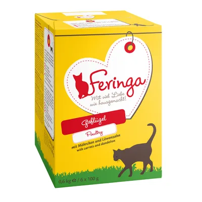 Feringa Geflügel Poultry kissanruoka, 0,6 kg (6 x 100 g), sisältää porkkanaa ja voikukkaa. Pakkauksessa teksti: Mit viel Liebe wie hausgemacht! with carrots and dandelion.