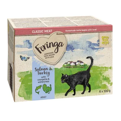 Confezione Feringa Classic Meat, ricetta grain free al salmone e tacchino con zucchine e crescione per gatti adulti, 6 x 100 g. Testo in inglese sulla confezione.