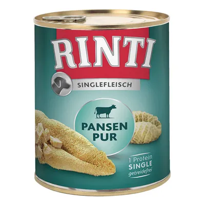 RINTI Singlefleisch Pansen Pur -säilyketölkki, etiketissä naudan kuva ja tekstit: 1 Protein Single, getreidefrei. Kuvassa myös naudan pötsiä viipaleina.