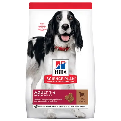 Hill's Science Plan Adult 1-6 Medium 11-25 kg cu miel și orez. Susține imunitatea, digestia sănătoasă și dezvoltarea musculară la câinii adulți. Fără conservanți artificiali.