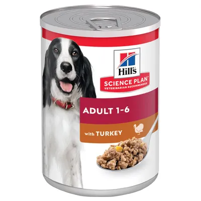 Boîte Hill's Science Plan Adult 1-6 with Turkey, image d'un chien noir et blanc, texte visible : SCIENCE PLAN, ADULT 1-6, with TURKEY, illustration de pâtée à la dinde.