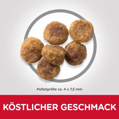 Afbeelding van ronde brokjes, pelletgrootte ca. 4 × 7,5 mm. Tekst in het Duits: 'Köstlicher Geschmack'.