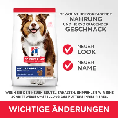 Корм для собак Hill's Science Plan Mature Adult 7+ Medium 11–25 кг, ягнёнок и рис. На упаковке текст на немецком: Neuer Look, Neuer Name, Wichtige Änderungen.