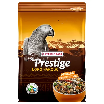 Sac Versele-Laga Prestige Loro Parque, African Parrot Mix, illustration de perroquet gris, bol de mélange de graines, logo VAM Vit-Amino-Mineral visible sur l’emballage.