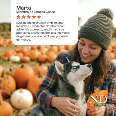 Reseña de cliente de Marta: 5 estrellas, elogia la alta calidad, el excelente servicio y la amplia variedad de productos. El logo de N&D Pumpkin es visible en la parte inferior derecha.