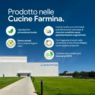 Prodotto realizzato nelle cucine Farmina, con componenti locali, senza cereali, senza test sugli animali, rimane fresco grazie all'azoto, solo conservanti naturali. Prodotto realizzato nelle cucine Farmina, con componenti locali, senza cereali, senza test sugli animali, rimane fresco grazie all'azoto, solo conservanti naturali.