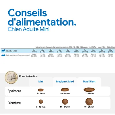 Recommandation d’alimentation pour chiens adultes de petite taille : quantités journalières selon le poids, tailles et épaisseurs des croquettes en comparaison. Référence du diamètre avec une pièce de 1 euro. Recommandation d’alimentation pour chiens adultes de petite taille : quantités journalières selon le poids, tailles et épaisseurs des croquettes en comparaison. Référence du diamètre avec une pièce de 1 euro.