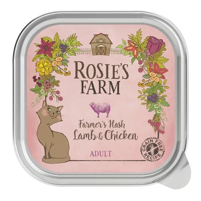 Barquette ROSIE'S FARM Farmer's Hash Lamb & Chicken, recette sans céréales, ADULT, illustration de chat et fleurs sur l'emballage.