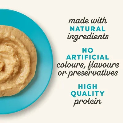 Text states: made with natural ingredients, no artificial colours, flavours or preservatives, high quality protein. Image shows a plate of food beside the text.
