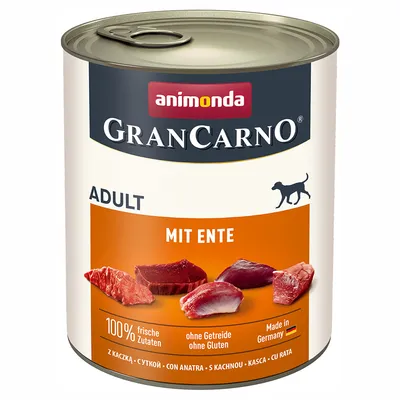 Animonda GranCarno Adult z kaczką, 100% świeżych składników, bez zbóż i glutenu, wyprodukowano w Niemczech.