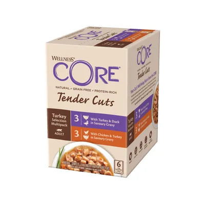 Wellness CORE Tender Cuts Turkey Selection Multipack for adults, includes 3 pouches with turkey and duck in savoury gravy and 3 with chicken and turkey in savoury gravy.