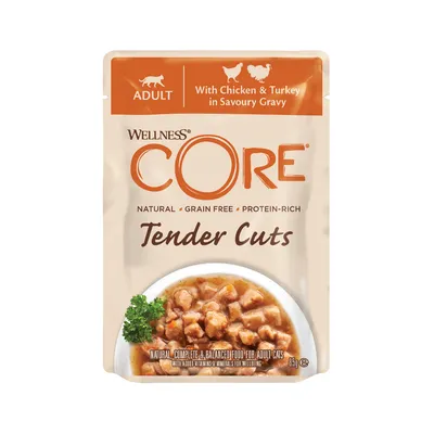 Adult food with chicken and turkey in savoury gravy, natural, grain free, protein-rich, tender cuts. Complete and balanced with added vitamins and minerals. 85g pouch.