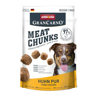 Animonda GranCarno Meat Chunks, pollo puro, delicatamente essiccato all’aria, senza cereali, soia, zuccheri aggiunti né esaltatori di sapidità, 97% mono-proteina, Made in Germany.