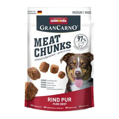 animonda GranCarno Meat Chunks Rind Pur, 97% mono-protein, zonder graan, soja, suiker of smaakversterkers. Medium/Maxi. Gemaakt in Duitsland. Hond en vleesbrokken zichtbaar op verpakking.