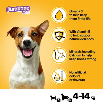 Jumbone Mini, cane di taglia S-M 4–14 kg. Testo in inglese: Omega 3, vitamina E, minerali tra cui calcio, senza coloranti o aromi artificiali.