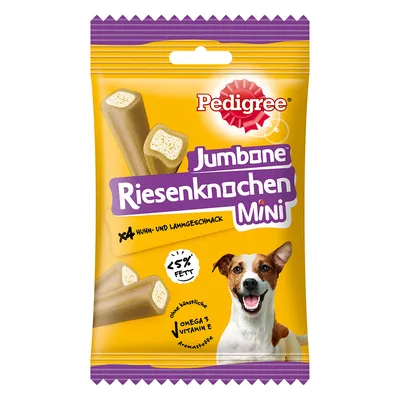 Pedigree Jumbone Riesenknocken Mini, x4 Huhn- und Lammgeschmack, sub 5% grăsime, Omega 3, Vitamina E, fără arome artificiale. Ambalaj cu imaginea unui câine și batoane umplute.