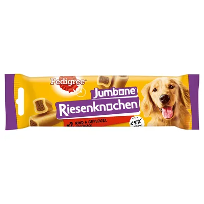 Emballage Pedigree Jumbone Riesenknocken, texte visible : Rind & Geflügel Geschmack, <5 % Fett, image d’un chien et friandises en forme d’os.