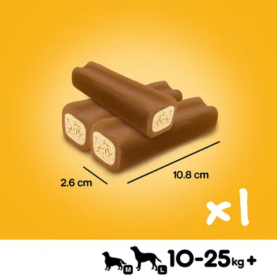 Bâtonnets pour chien, dimensions visibles : 10,8 cm x 2,6 cm, lot de 1 pièce, pictogrammes chiens taille M et L, poids indiqué 10–25 kg+.