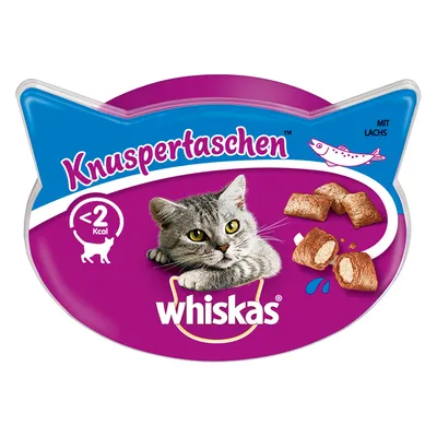 Whiskas Knuspertaschen -kissanherkkupakkaus, näkyvissä lohi, <2 kcal per pala, kuva kissasta ja täytetyistä herkuista. Teksti saksaksi: Knuspertaschen, mit Lachs.