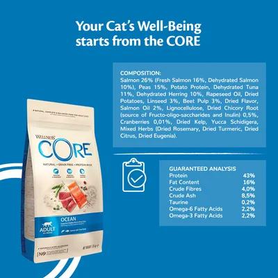 Product image with detailed composition and guaranteed analysis: salmon, peas, potato protein, tuna, herring, oils, herbs. Analysis: protein 43%, fat 16%, fibre 4%, ash 8.5%, taurine 0.2%.