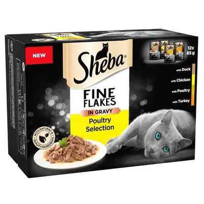 Sheba Fine Flakes in Gravy Poultry Selection, 12 x 85g. Includes duck, chicken, poultry and turkey varieties. Made with natural and quality ingredients.