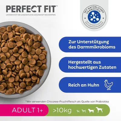 Perfect Fit Adult 1+ für Hunde über 10kg. Mit natürlichen Präbiotika zur Unterstützung des Darmmikrobioms, hergestellt aus hochwertigen Zutaten, reich an Huhn.