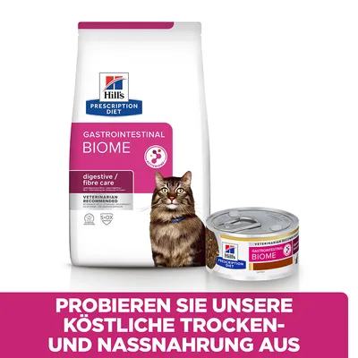 Hill's Prescription Diet Gastrointestinal Biome Trocken- und Nassnahrung für Katzen. Probieren Sie unsere köstliche Trocken- und Nassnahrung aus.