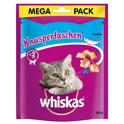 Whiskas Knuspertaschen mit Lachs, MEGA PACK, menos de 2 kcal por unidad, envase de 180 g. Imagen de un gato gris y snacks rellenos en el paquete.