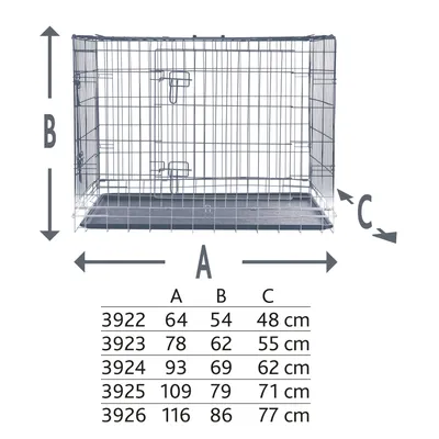 Größentabelle für Metallkäfig: Modellnummern 3922 bis 3926 mit Maßen A (64-116 cm), B (54-86 cm), C (48-77 cm). Diagramm zeigt Käfig mit Maßangaben A, B und C.