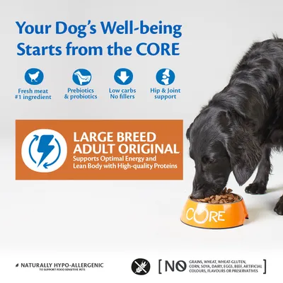 Large breed adult original food with fresh meat as main ingredient, prebiotics, probiotics, low carbs, hip and joint support. No grains, wheat, gluten, soya, dairy, eggs or artificial additives.