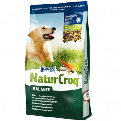 Happy Dog NaturCroq Balance kutyatáp csomagolás, látható feliratok: Ohne Soja, Farb- & Konservierungsstoffe!, ADULT, Vielfältiger Kroketten-Mix, Aus hochwertigen Proteinen, Hüttenkäse und Spinat.