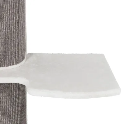 Plateforme d’arbre à chat avec poteau recouvert de tissu gris texturé et plateau blanc en peluche, matériaux visibles : tissu et peluche.