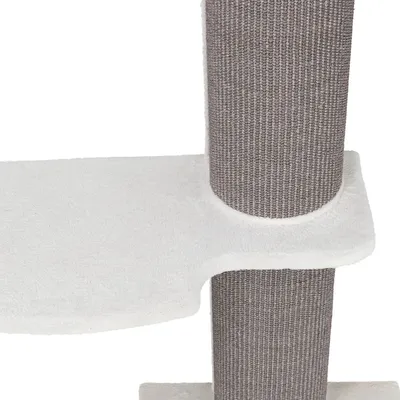Plateforme blanche en tissu et poteau à griffer recouvert de sisal gris, partie d’un arbre à chat visible en gros plan.