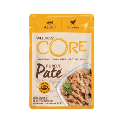 Adult chicken paté, natural, grain free, protein-rich, smooth texture. Complete and balanced food for adult cats with added vitamins and minerals. 85g pouch.