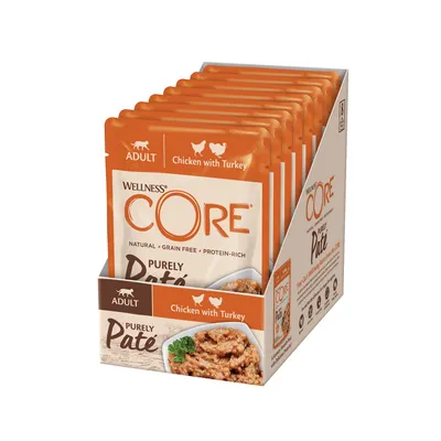 Multipack of Wellness Core Purely Paté pouches, labelled for adults, chicken with turkey flavour, natural, grain free, protein-rich.