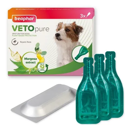 VETOpure spot-on with margosa extract, repels fleas, up to 12 weeks protection. Image shows three green pipettes and product packaging.