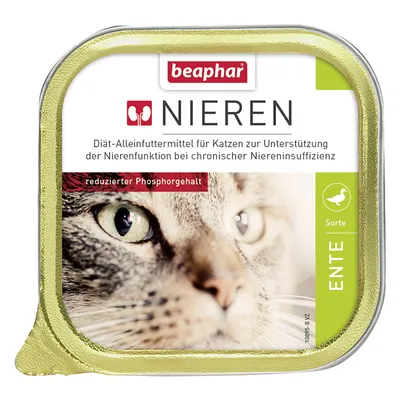 beaphar Nieren, karma dietetyczna dla kotów z przewlekłą niewydolnością nerek, obniżona zawartość fosforu, smak kaczka, widoczny tekst w języku niemieckim
