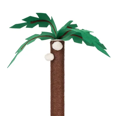 Arbre à griffer pour chat en forme de palmier, tronc recouvert de corde marron, feuilles vertes en feutrine et deux boules blanches suspendues.