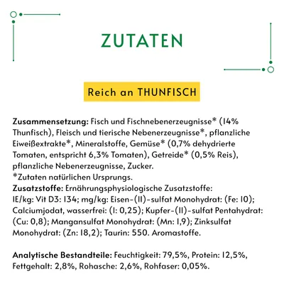 Zutaten: Fisch und Fischnebenerzeugnisse (14% Thunfisch), Fleisch, pflanzliche Eiweissextrakte, Gemüse, Getreide. Analytische Bestandteile: Feuchtigkeit 79,5%, Protein 12,5%.